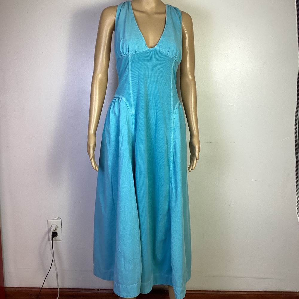 Free People Estrela Midi Tropical Blue Dress FP Beach Smocked Halter S
